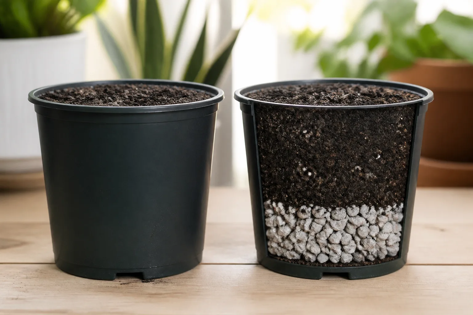 Comparison of proper container drainage versus a pot with rocks blocking the growing zone