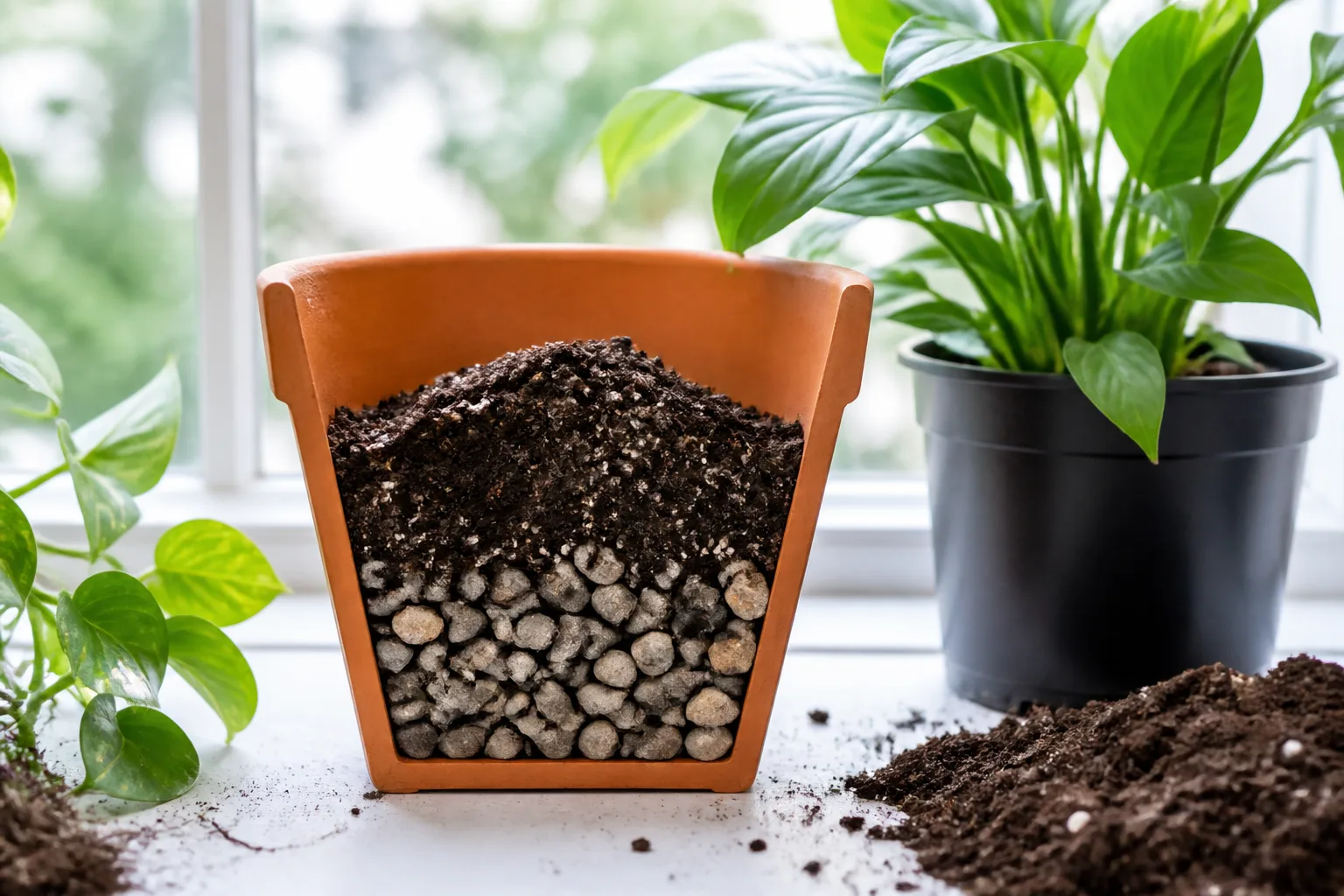 Terracotta planter during repotting showing a gravel layer at the bottom with potting mix piled above