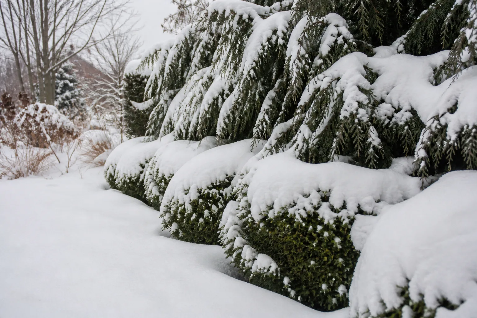 Evergreen shrubs and boxwood hedges bowing under heavy wet snow at a garden bed edge