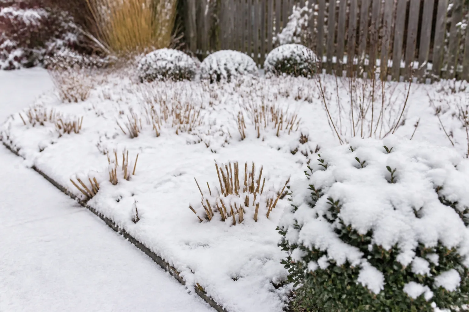 Snow-covered perennial garden bed with boxwood shrubs at the edge in winter