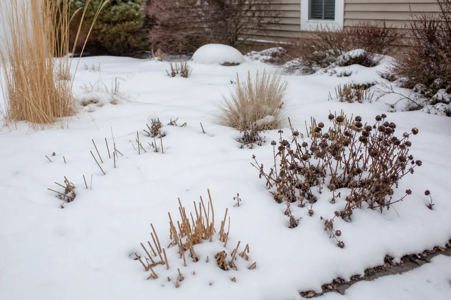 Snow insulating dormant garden beds and woody plants during winter cold