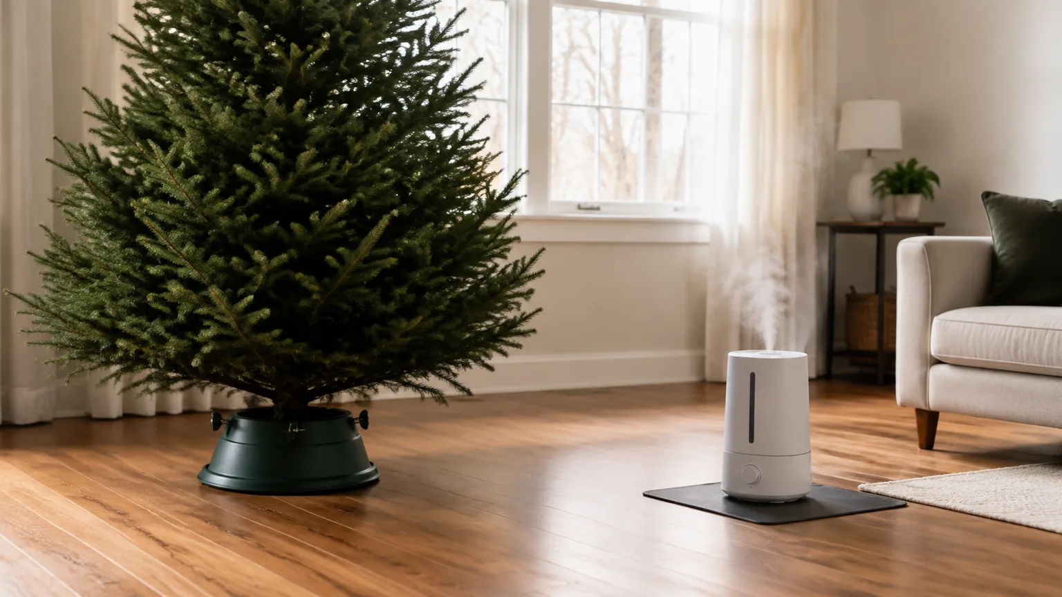 Live Christmas tree and cool-mist humidifier separated in a bright room, with the tree away from a heating vent