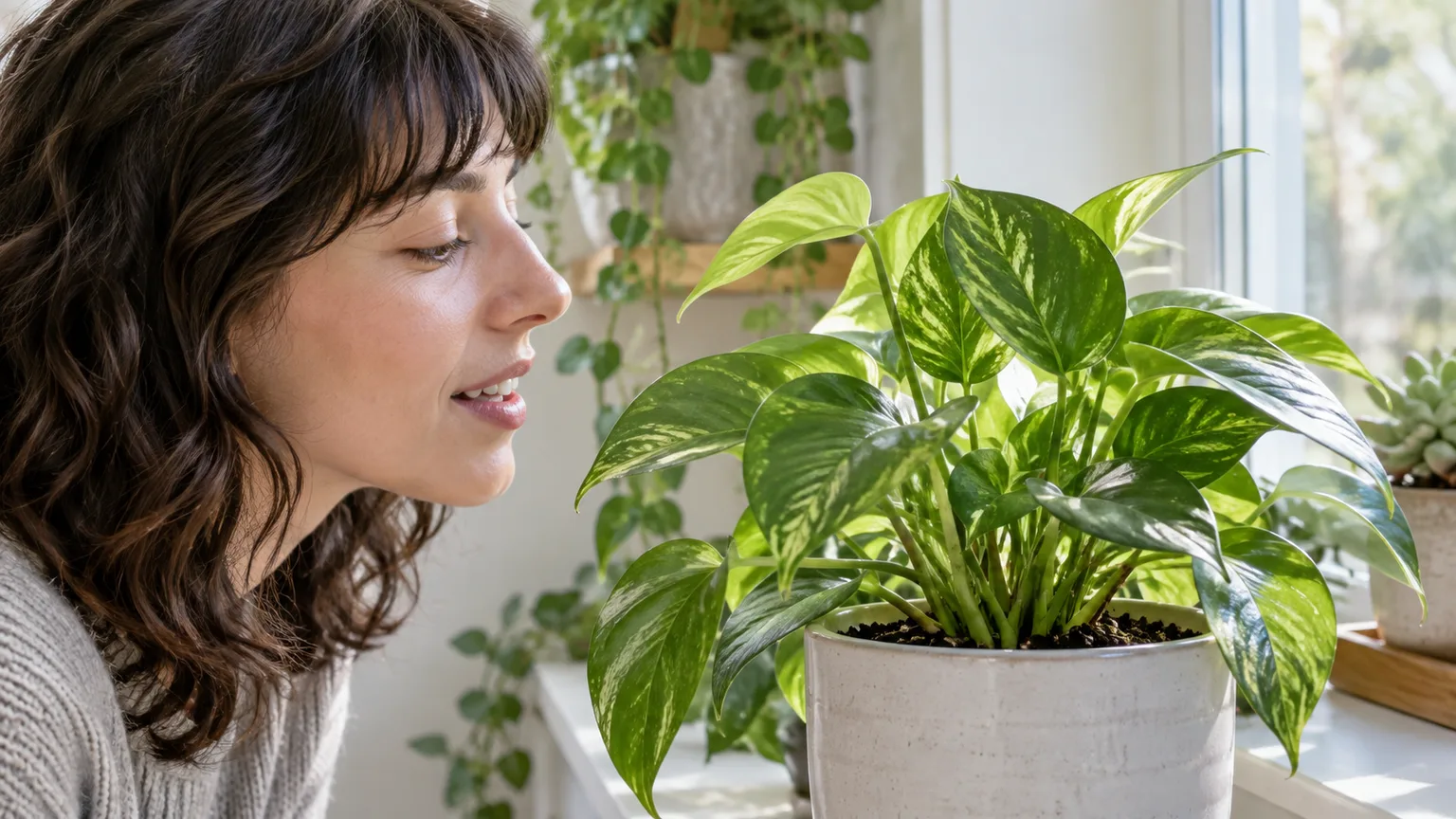 A person speaking softly while observing a healthy houseplant by a window
