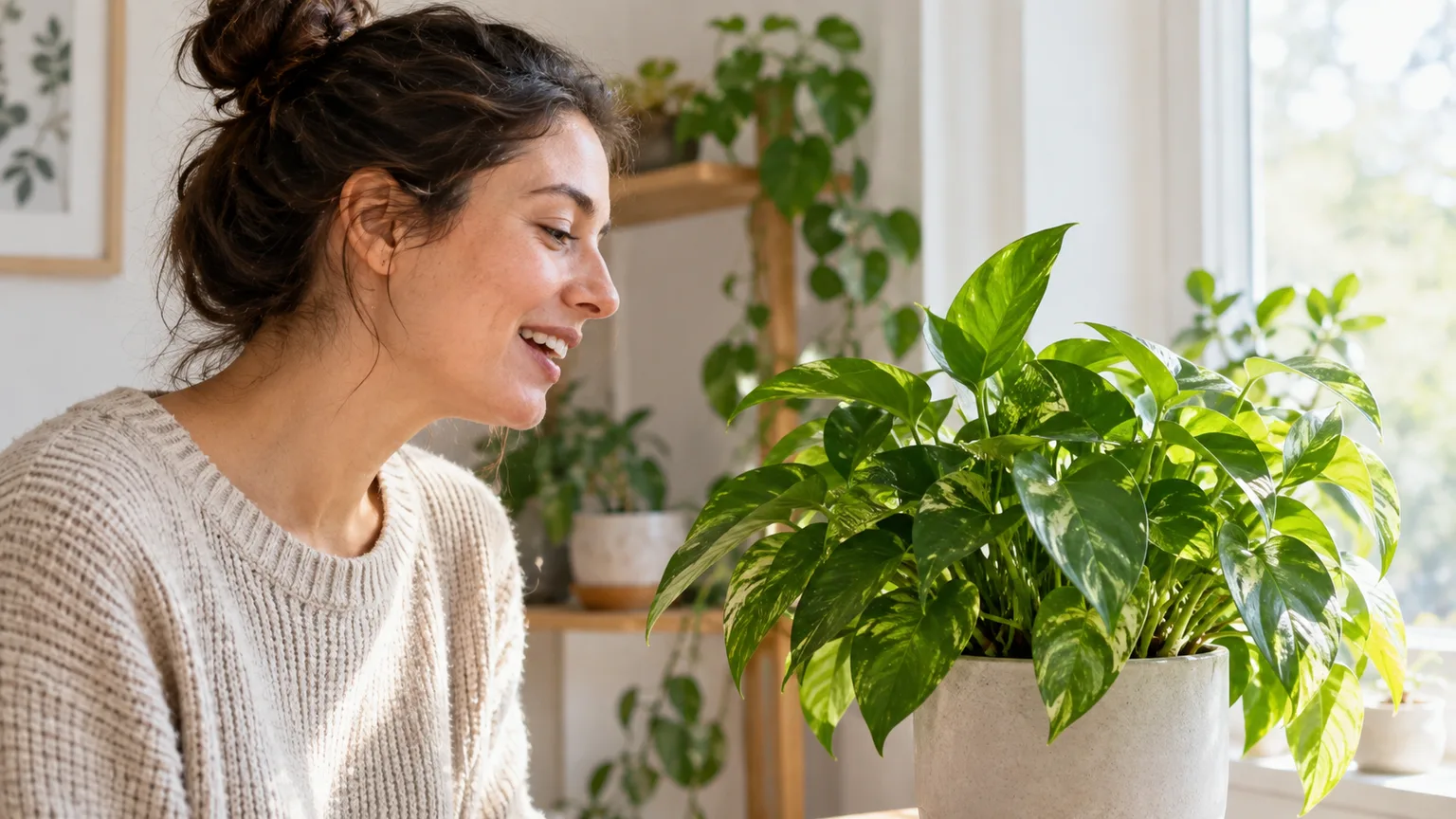 A person speaking to a healthy potted houseplant in a bright indoor space