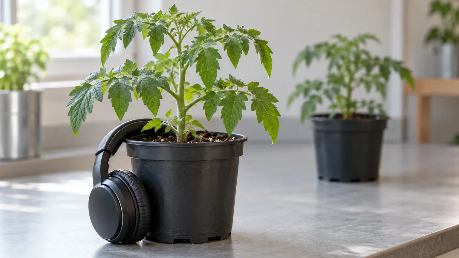 Illustrative tomato plant with headphones beside its pot for a sound experiment
