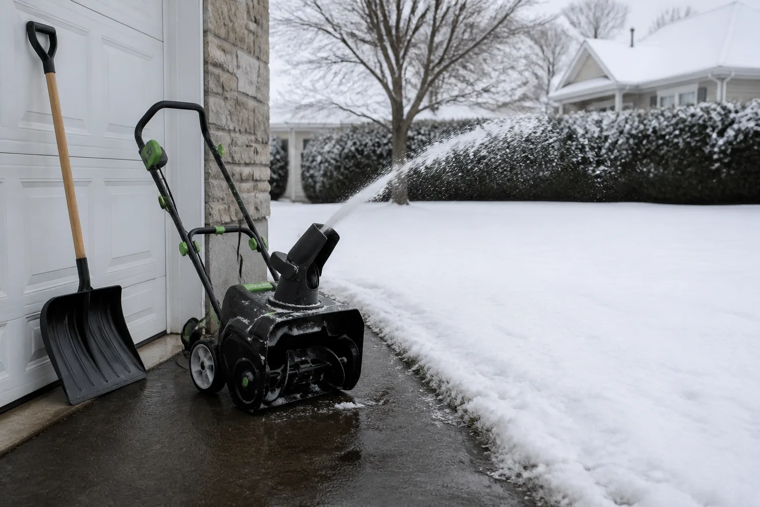 Snow blower and shovel beside a cleared driveway with evenly snow-covered dormant lawn at the border