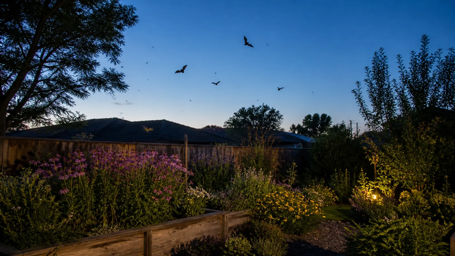 Several bats flying over a productive backyard garden at blue-hour dusk