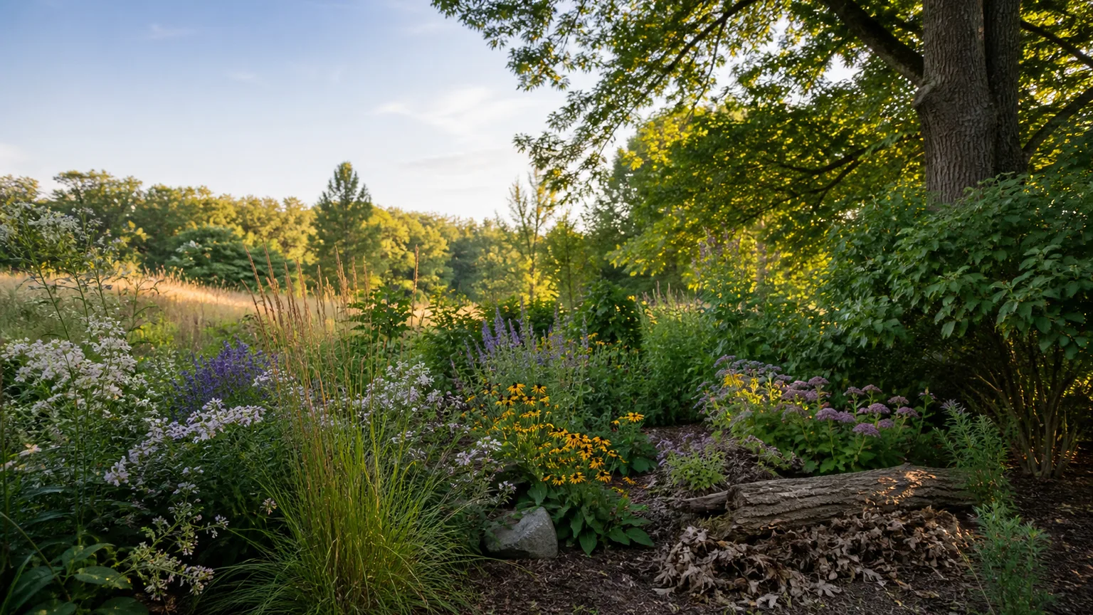 Layered native garden with pale flowers, shrubs, an oak tree, long grass, and a small log corner