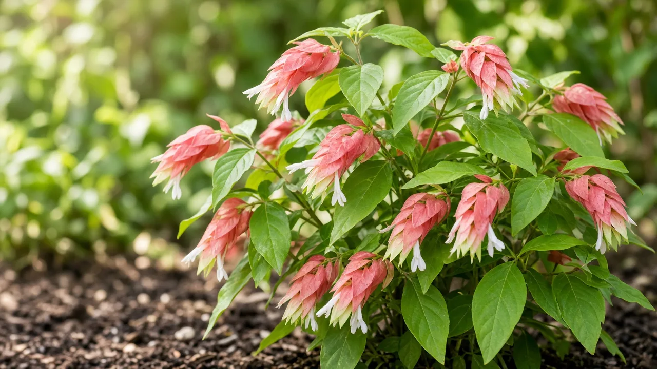 Shrimp plant shrub with arching pink-red bract spikes and green leaves in a partial-shade garden bed