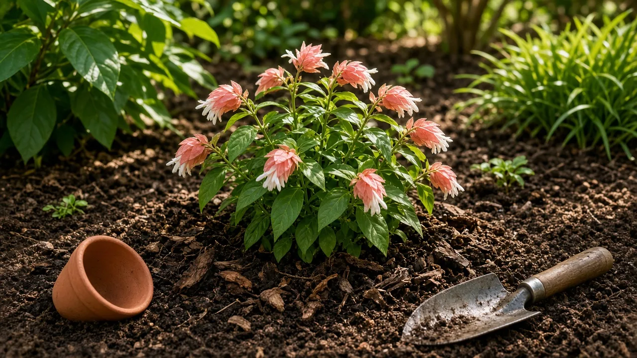 Newly planted shrimp plant in a mulched partial-shade garden bed