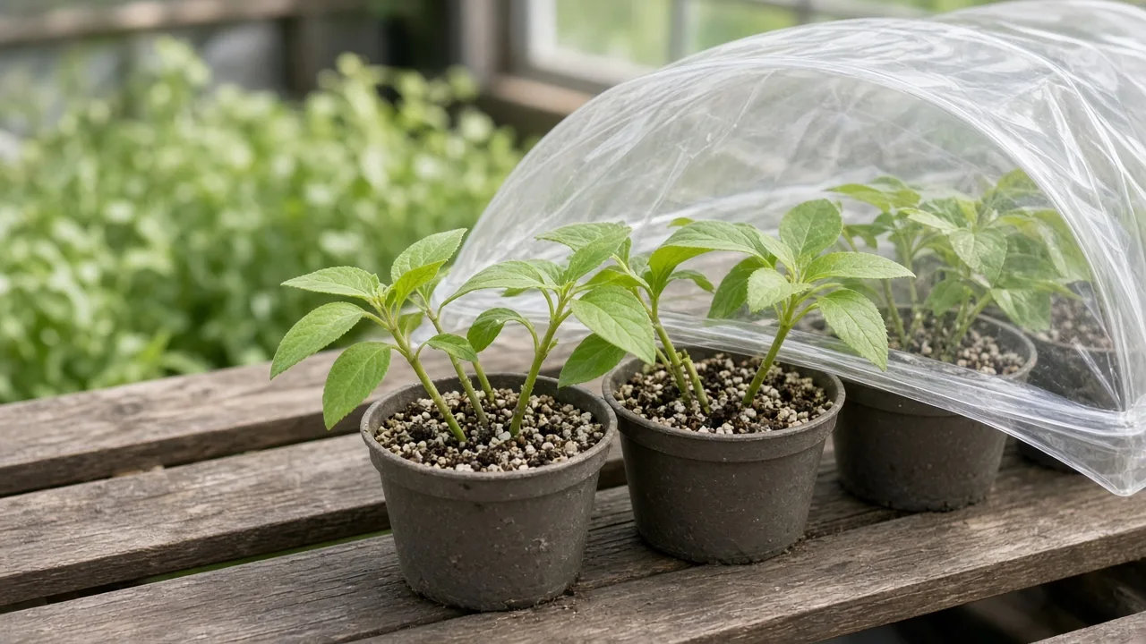 Shrimp plant softwood cuttings rooting in perlite mix under a humidity cover