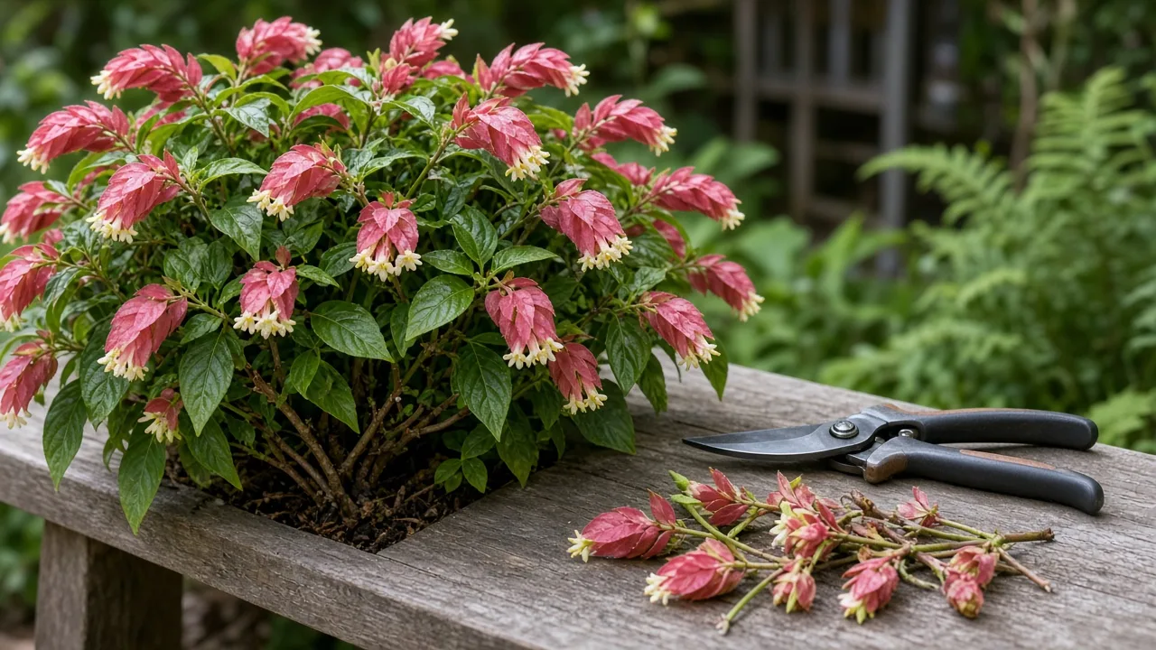 Shrimp plant after pruning with spent bract stems removed and a compact bushy form