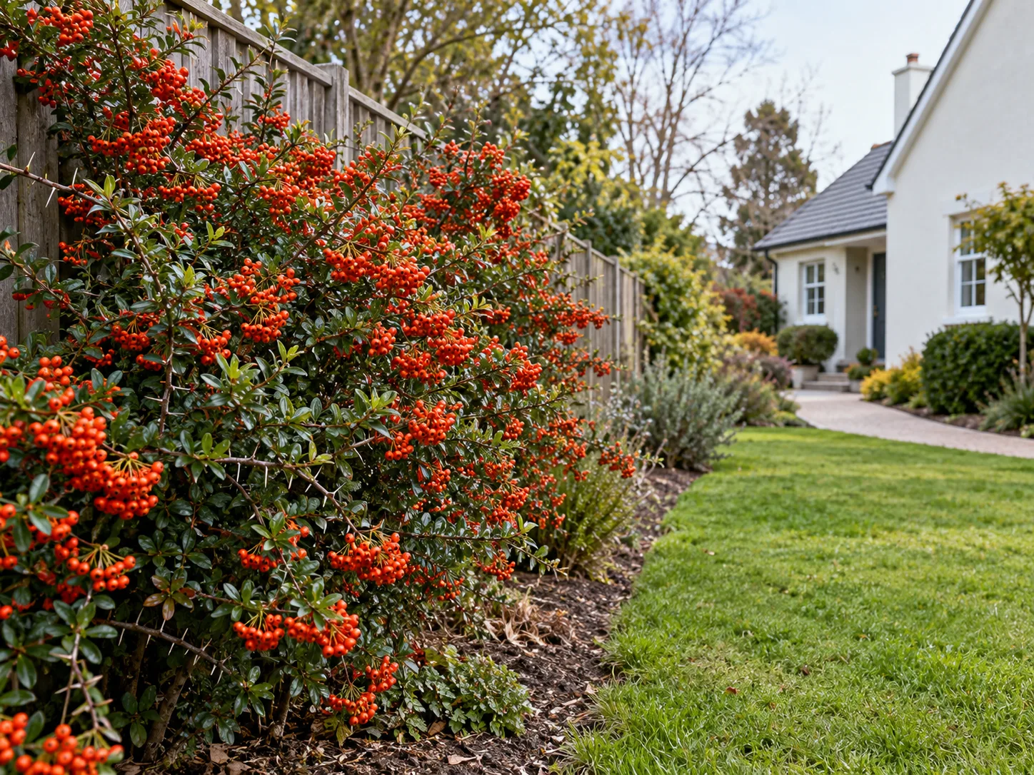 Pyracantha with orange-red berries planted along a boundary fence
