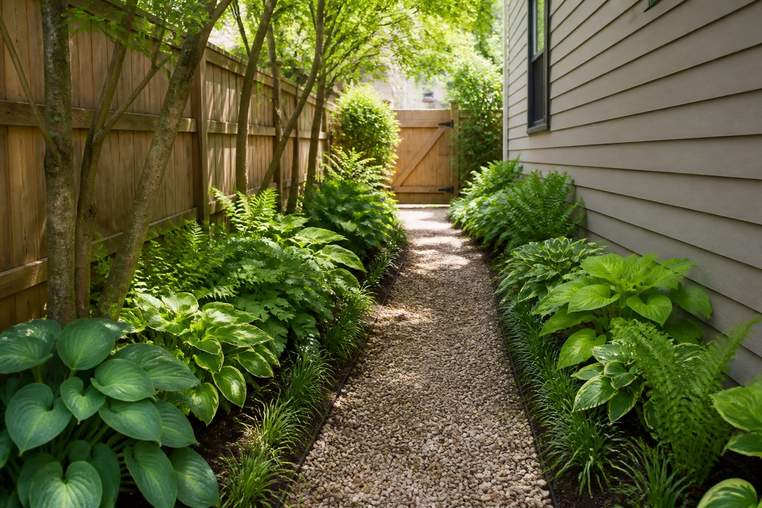 Landscaped side yard with a gravel path, layered planting, and a shade tree