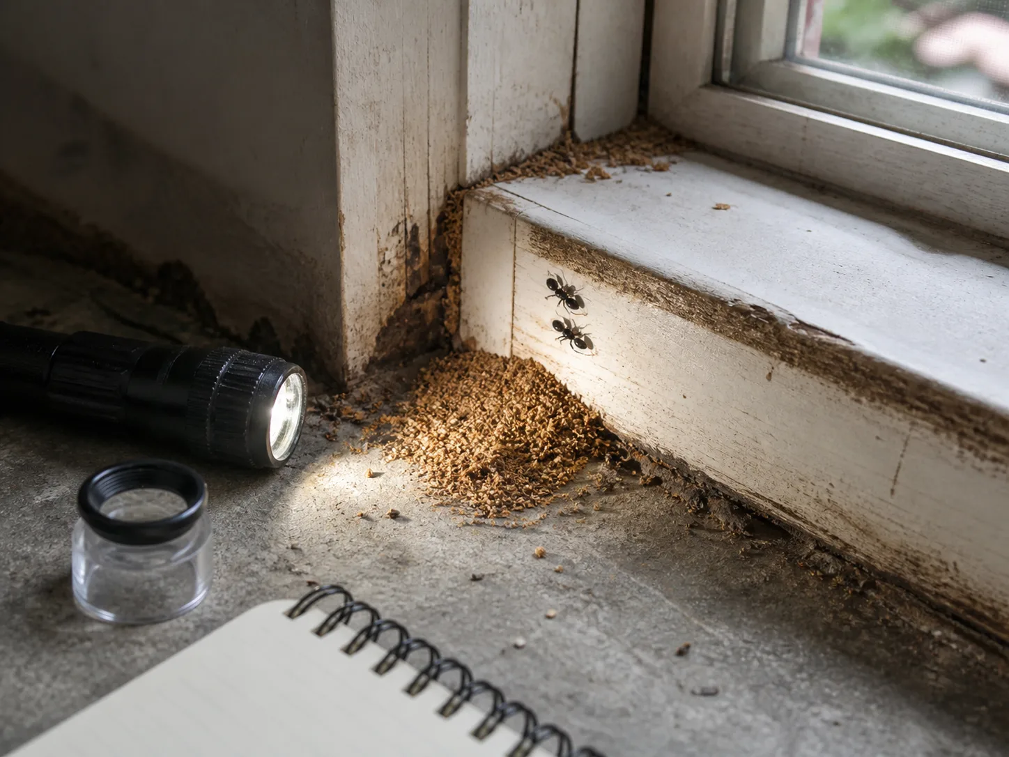 Flashlight inspection of carpenter-ant frass and ants at a damp window sill