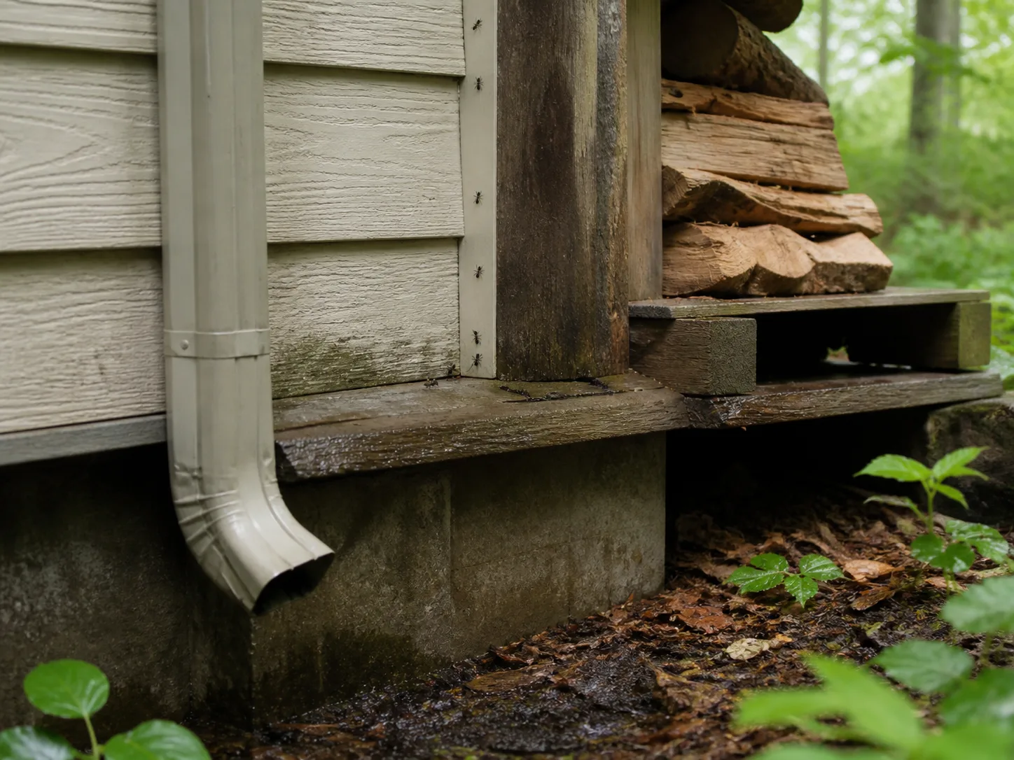 Damp wood, a downspout, and firewood near a house can attract carpenter ants