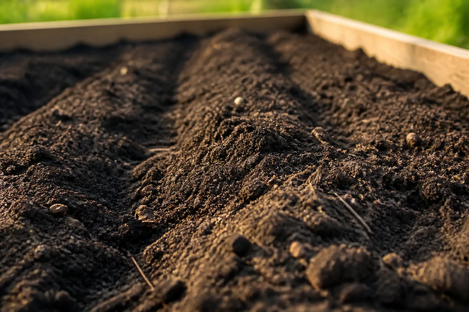 Dark crumbly loam in an outdoor vegetable garden bed showing healthy soil texture