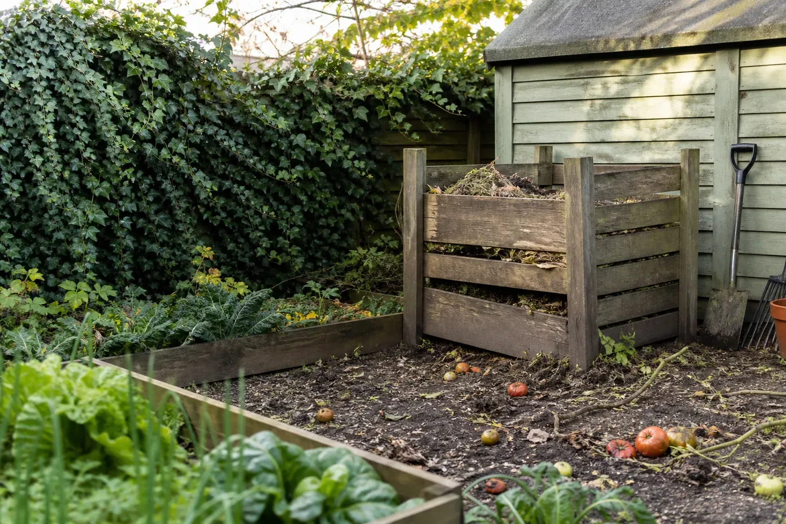 Backyard garden with compost bin beside a shed and dense ivy on a fence line where rats often hide