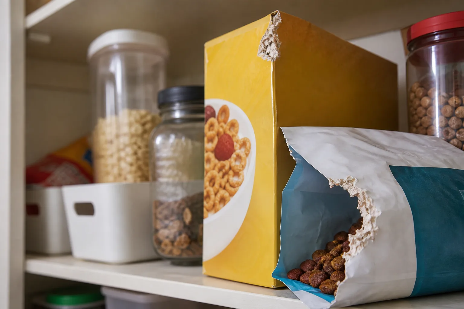 Pantry shelf with cardboard food packaging showing fresh rodent gnaw marks on corners
