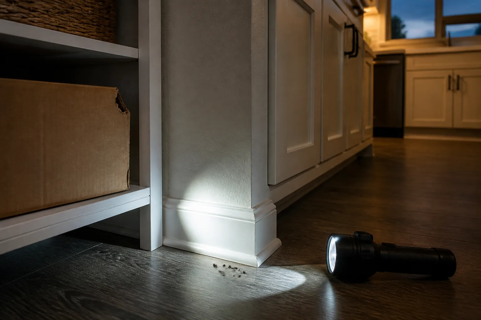 Kitchen baseboard and lower cabinet area inspected for rodent droppings and entry gaps