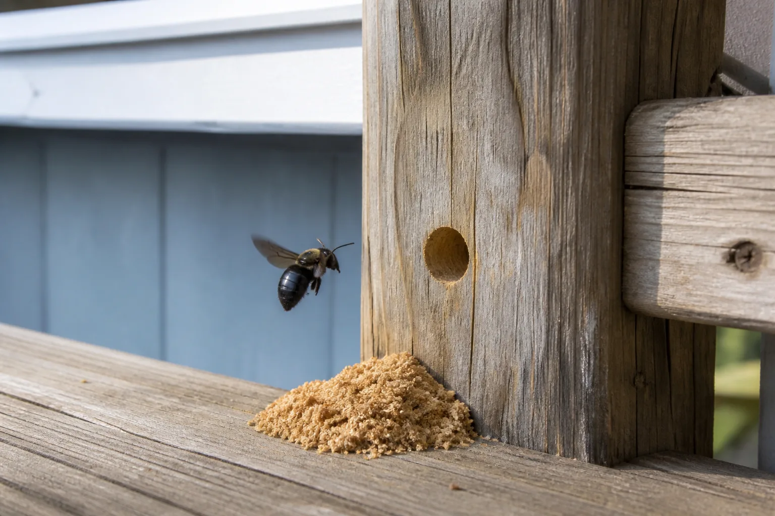 Round carpenter bee entrance hole in weathered deck wood with coarse sawdust below and a large bee nearby