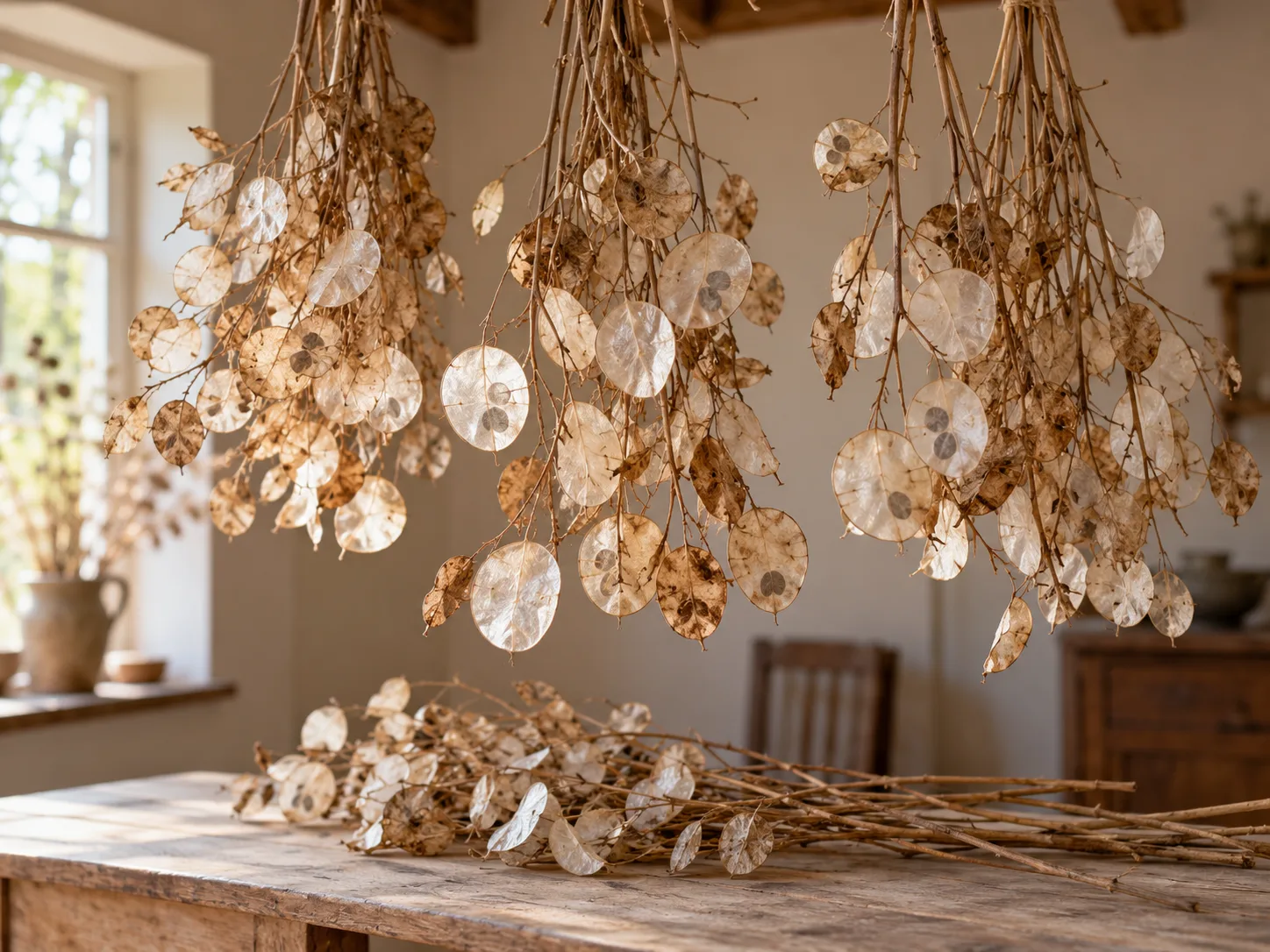 Dry Lunaria stems hanging upside down with translucent silver seed membranes