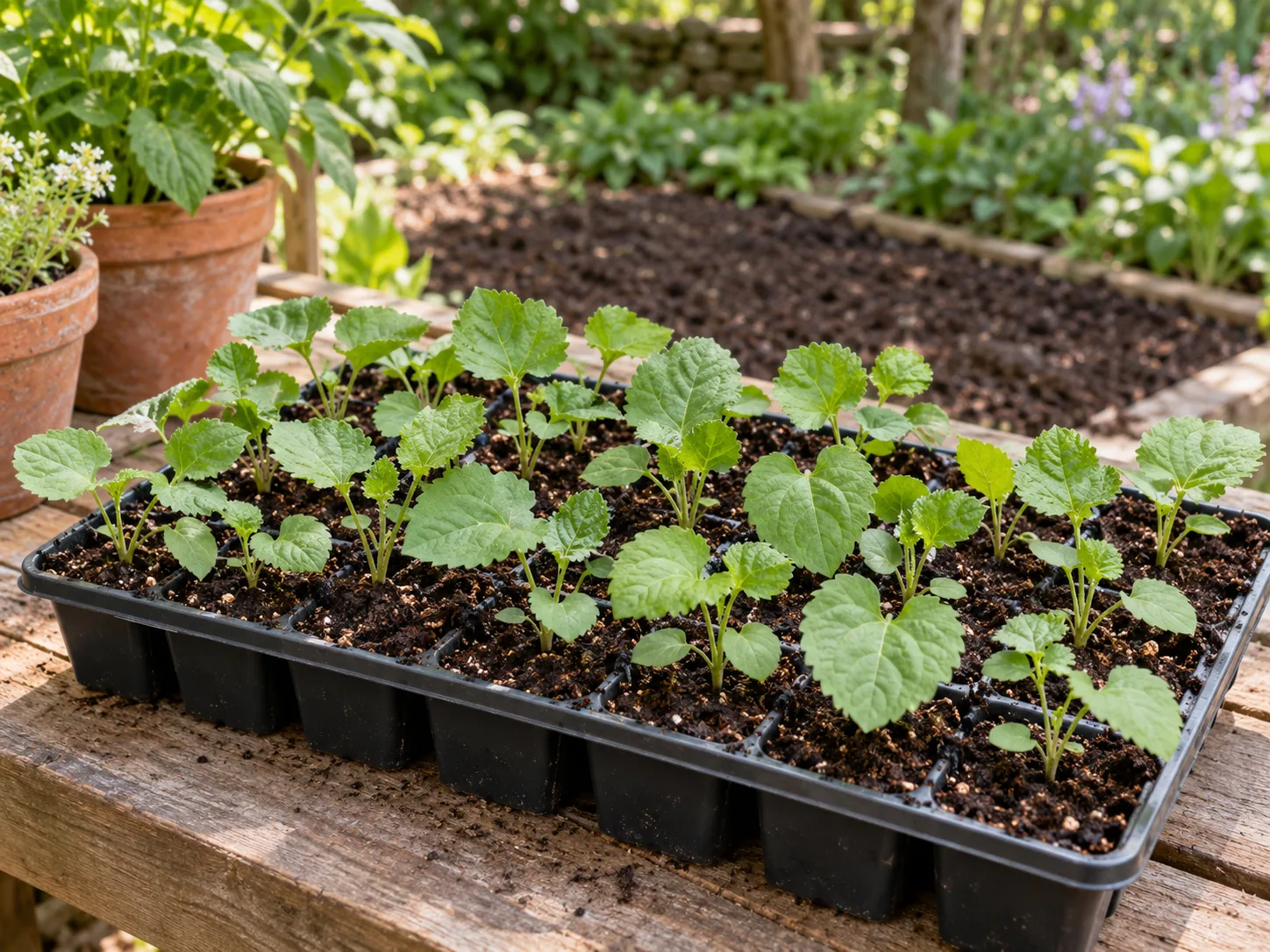 Young Lunaria seedlings growing in a seed tray beside a prepared garden bed