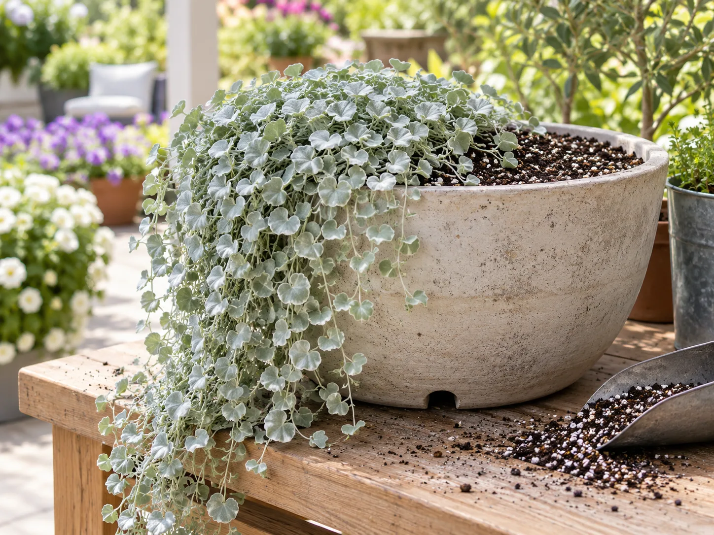 Silver Falls dichondra spilling over a freely draining patio container.