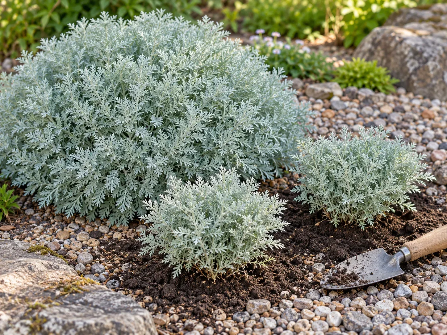 Healthy Silver Mound Artemisia divisions replanted in a sunny, well-drained bed