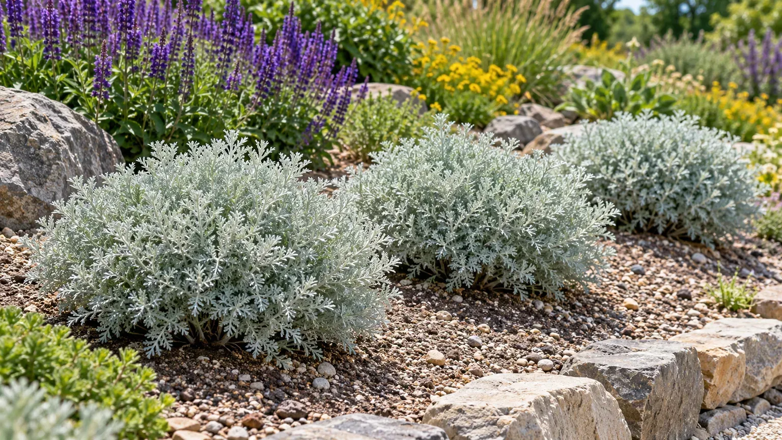 Silver Mound Artemisia planted as separate mounds along a sunny gravel border