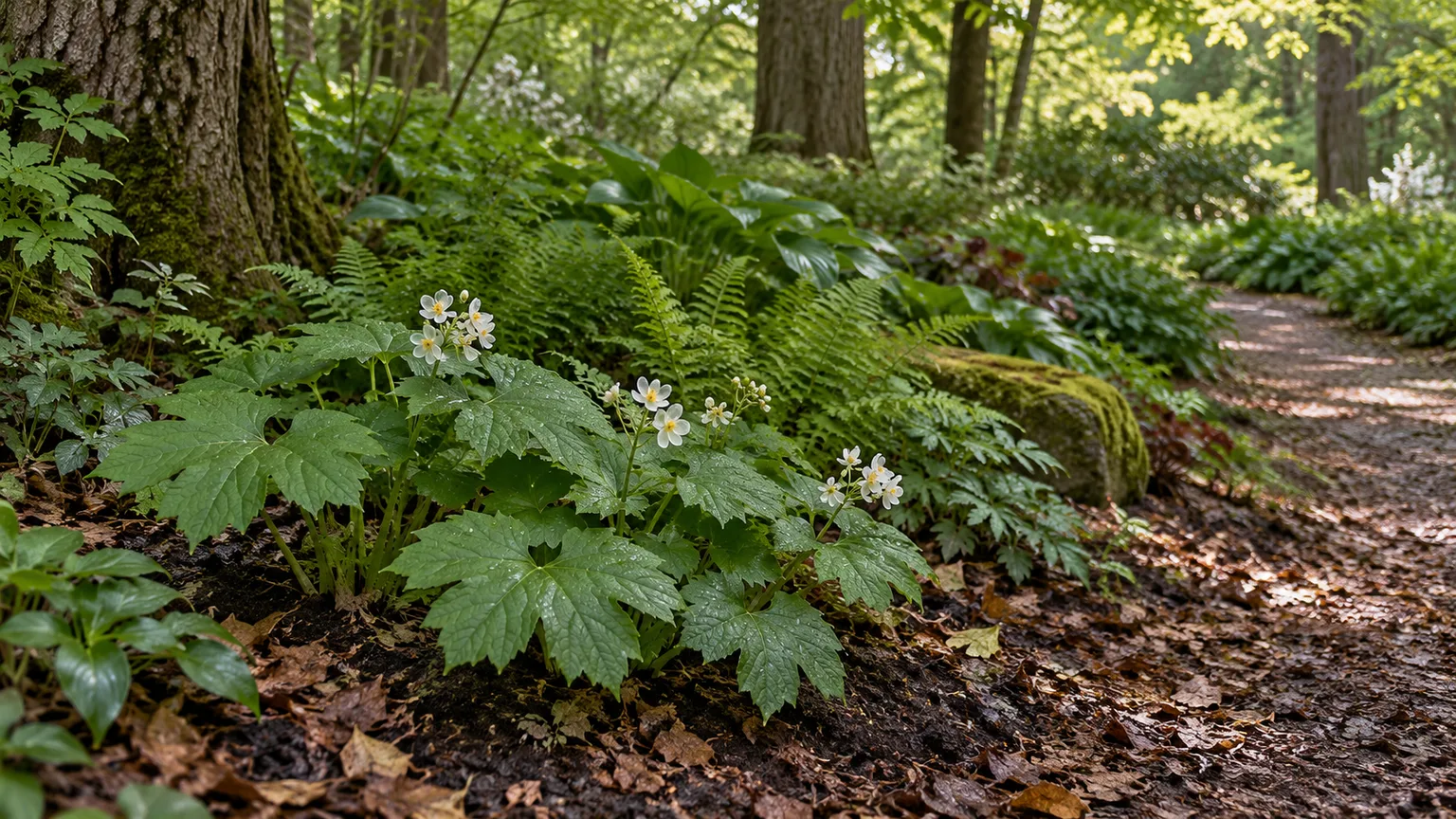 Skeleton flowers growing in a protected, leaf-mulched woodland shade bed