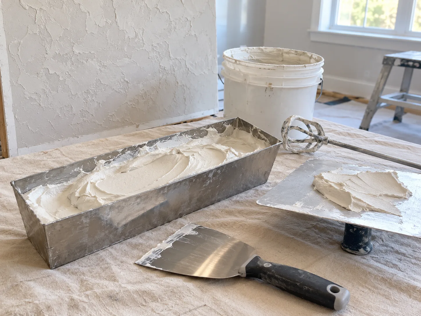 Joint compound, a mixing paddle, drywall knife, hawk, and trowel arranged on a protected work surface