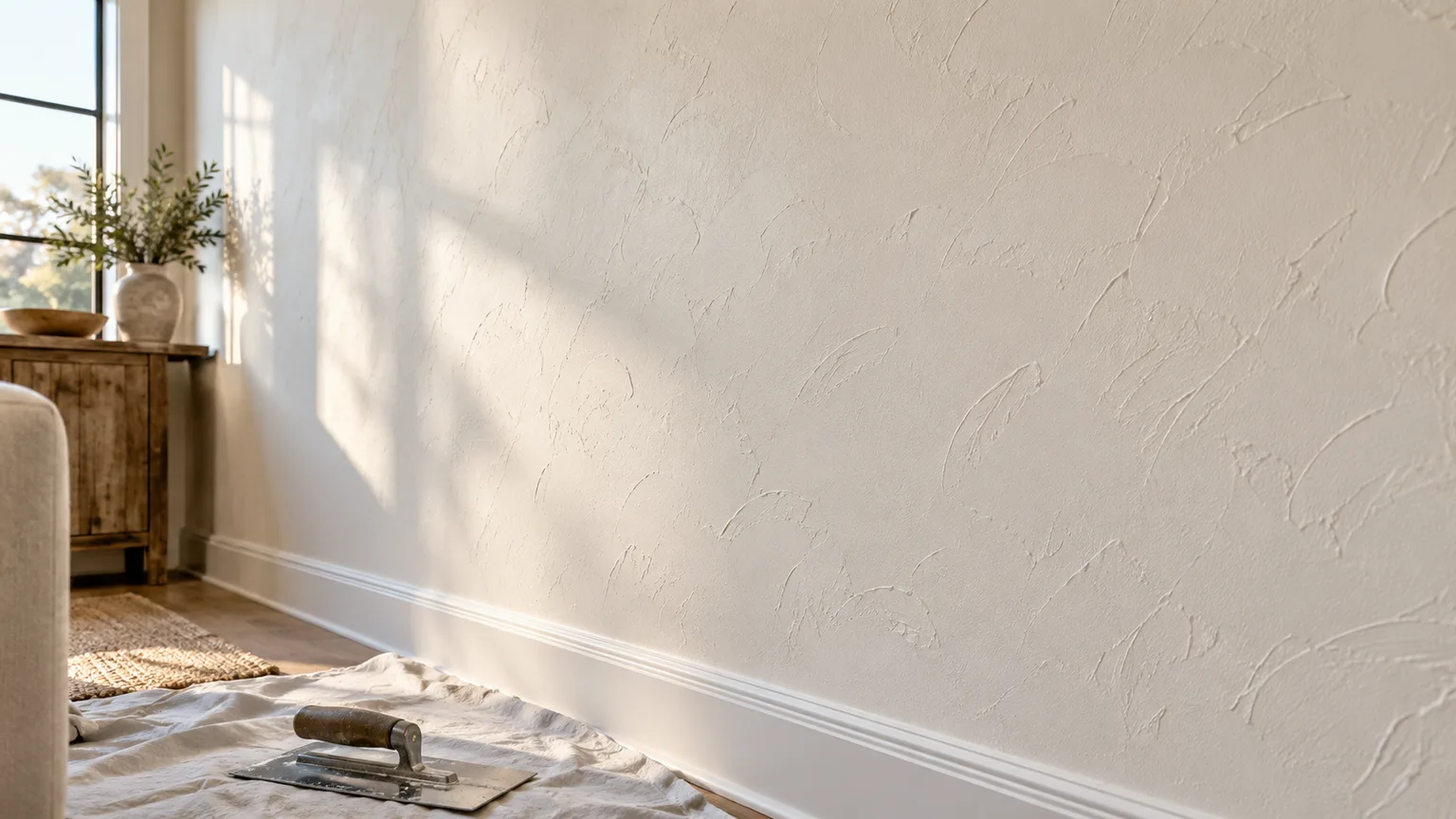 Light skip-trowel texture on a white drywall wall with a finishing trowel