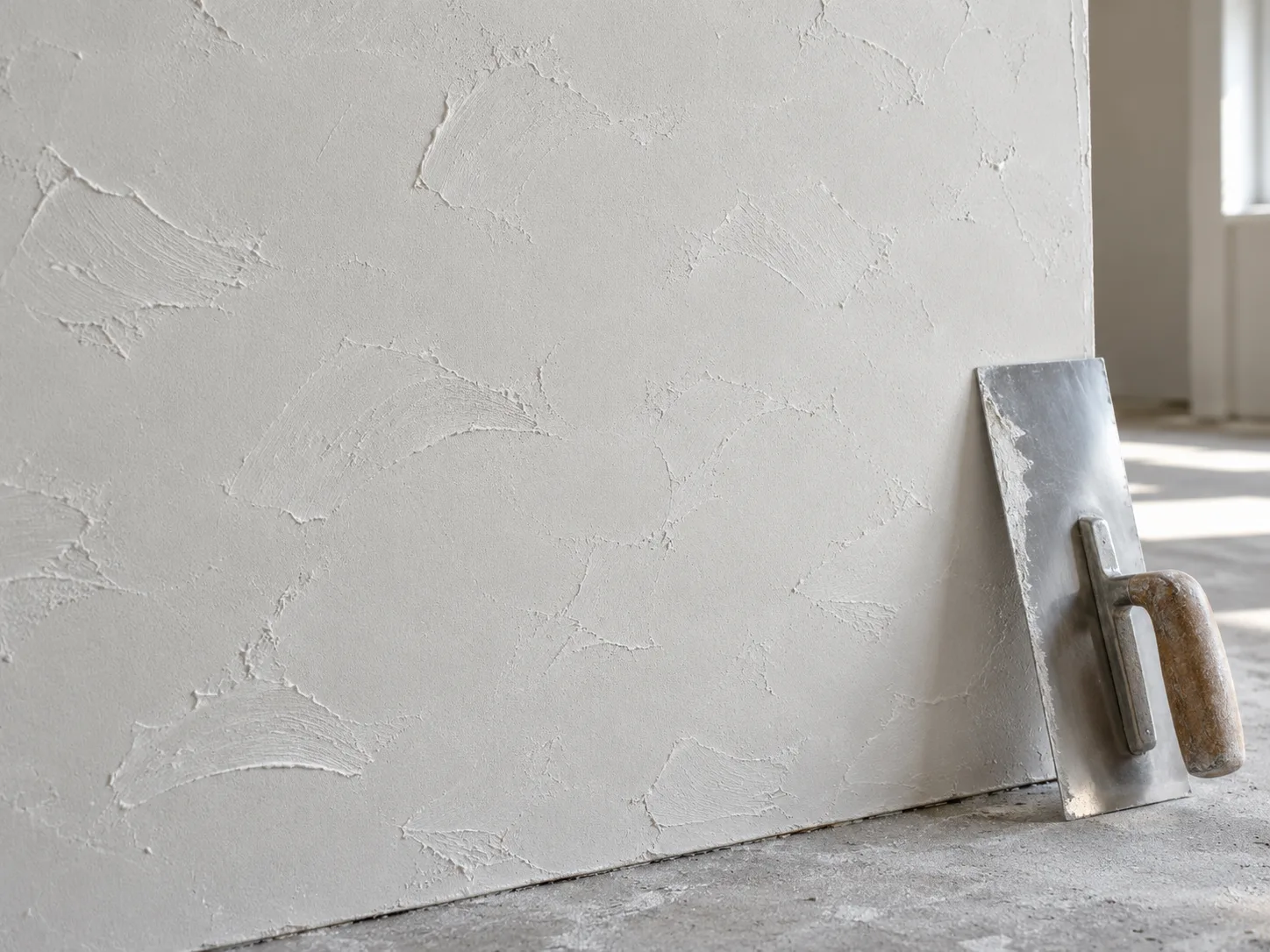 A drywall trowel resting against a practice panel with an irregular skip-trowel texture