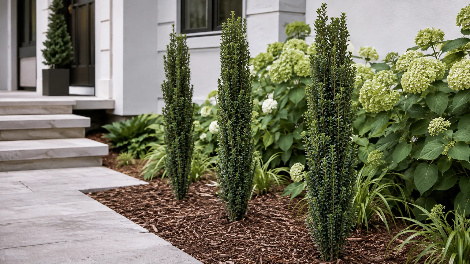 Three healthy Sky Pencil Japanese holly shrubs in a mulched front-entry garden