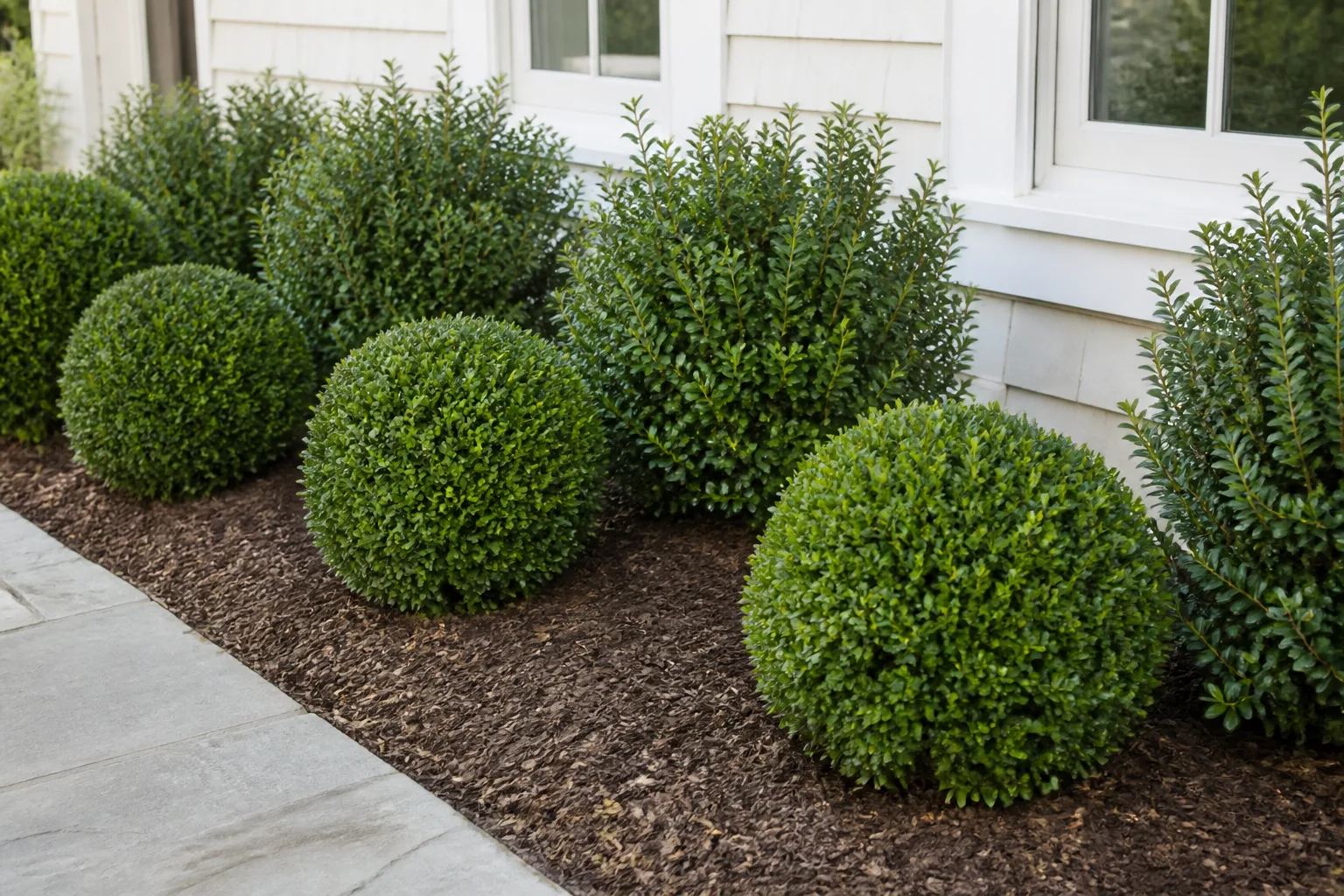 Low round evergreen shrubs planted in a front foundation bed beside a house walkway