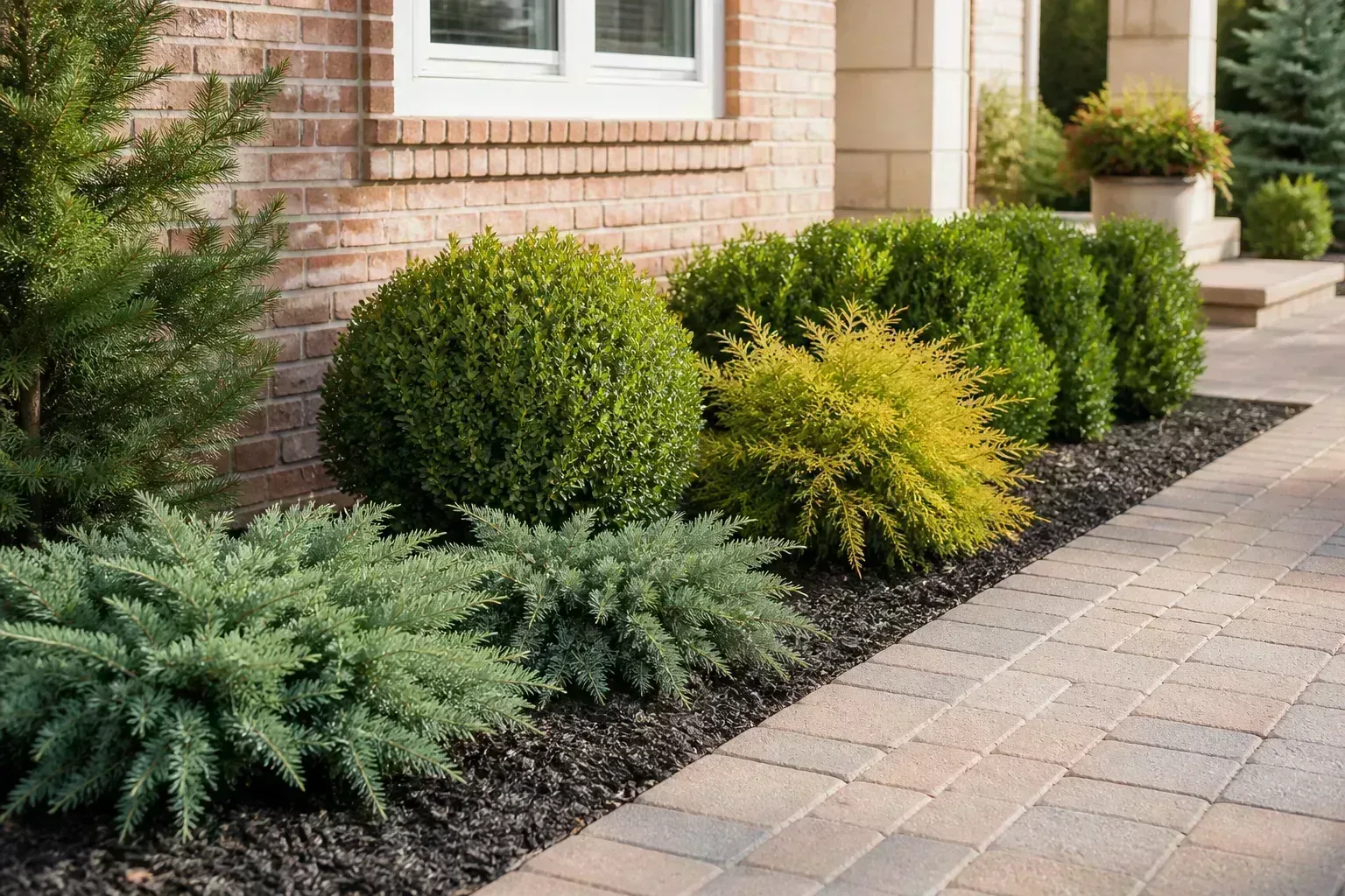 Mixed compact evergreen shrubs in a front foundation bed along a brick house walkway