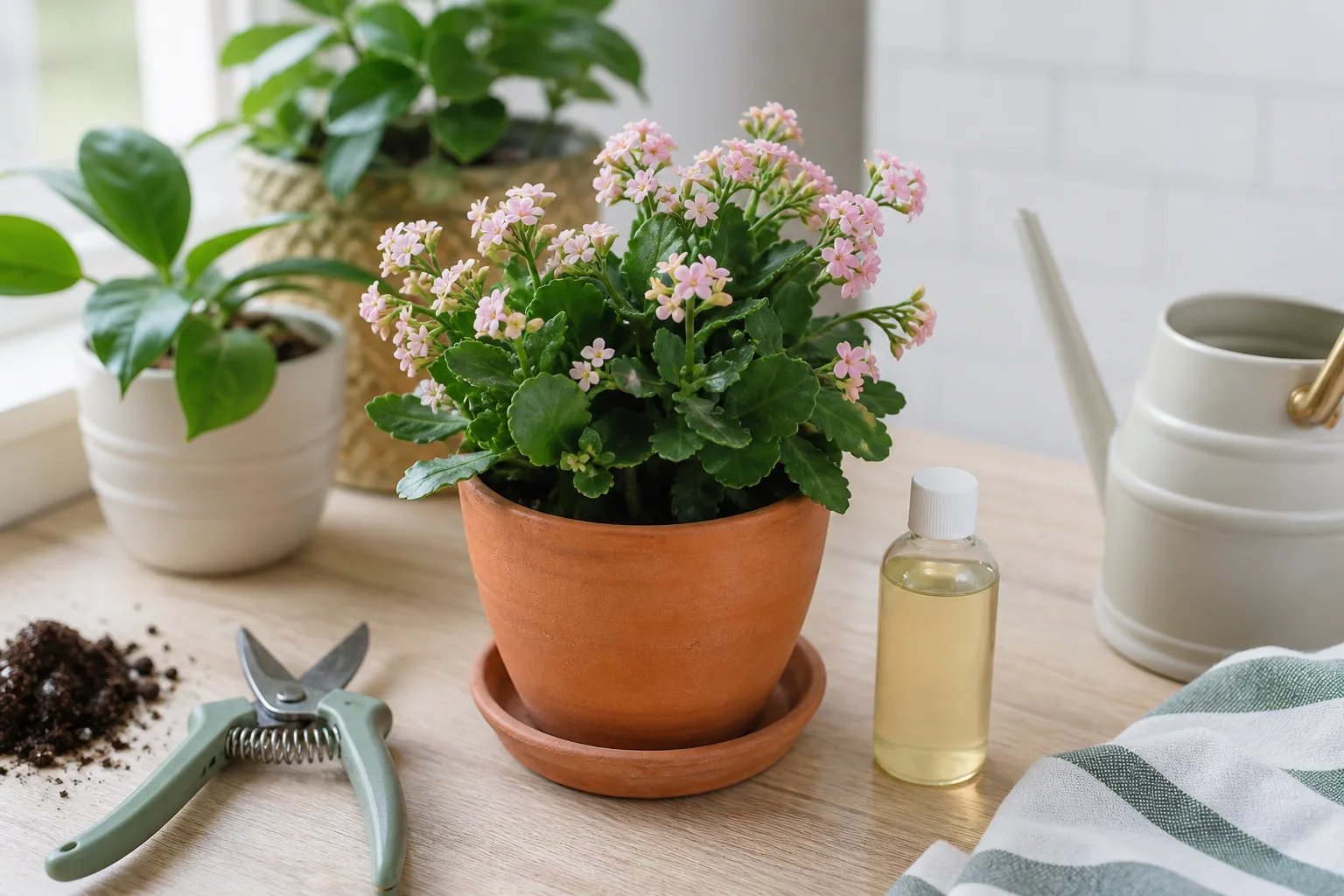 Flowering kalanchoe on a potting bench with pruners, fresh mix, and dilute liquid fertilizer ready for a next-flush correction