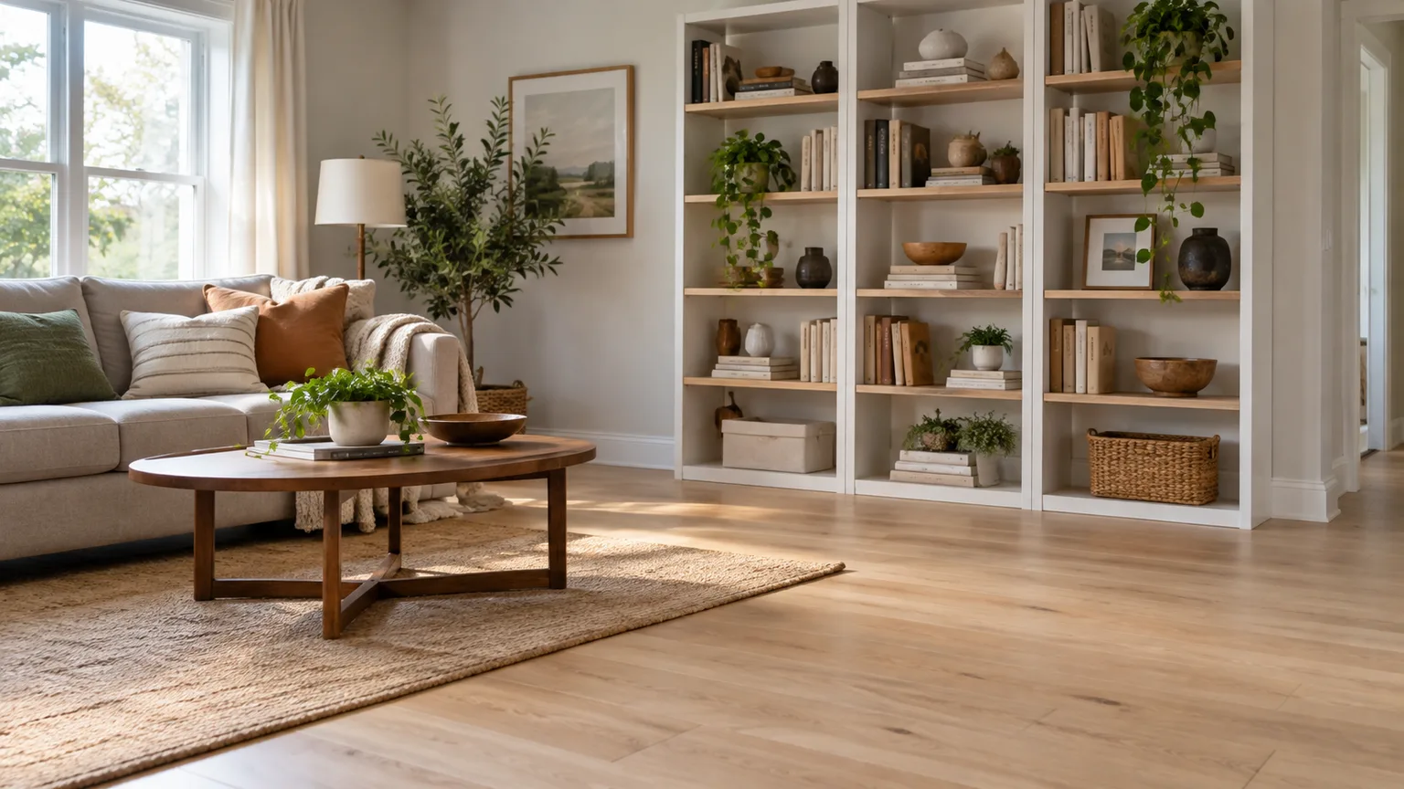 A compact living room pairs modular bookcases with pale click-lock plank flooring