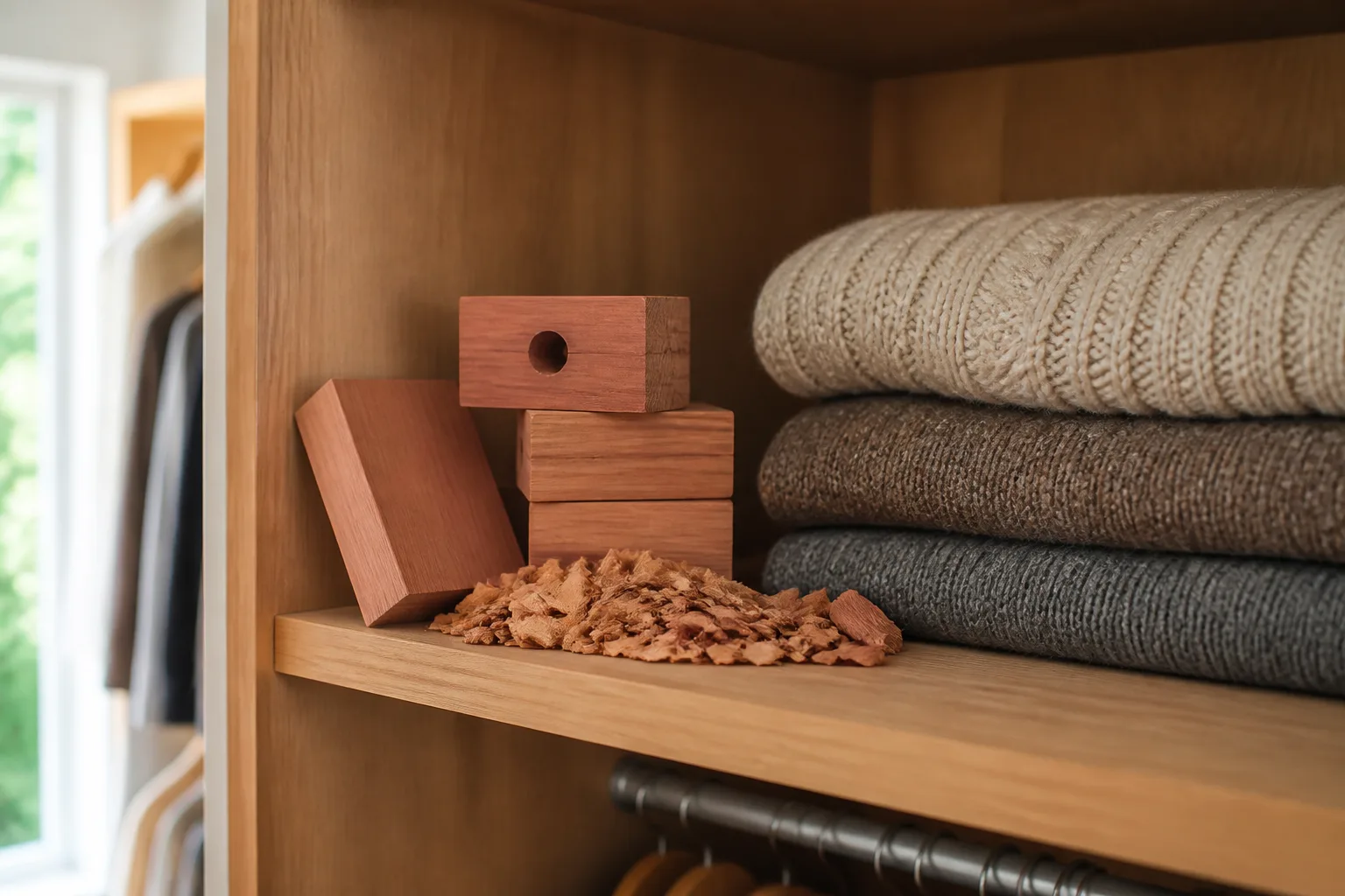 Cedar blocks and chips on a closet shelf beside folded wool garments