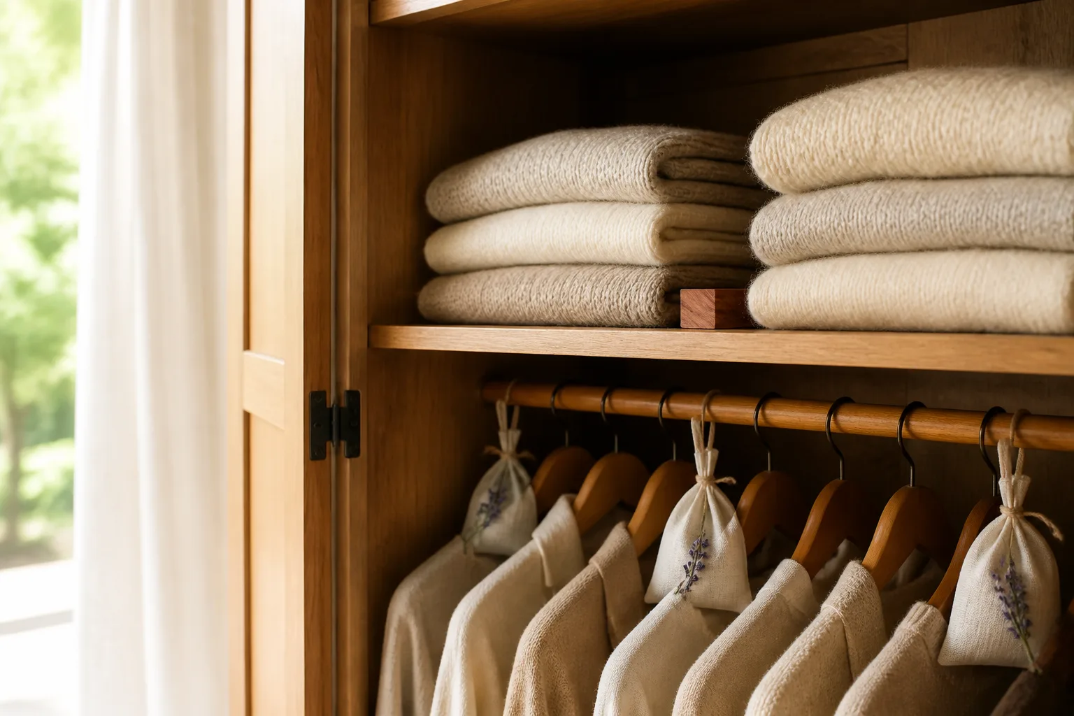 Cedar blocks and lavender sachets on closet shelves beside folded wool sweaters