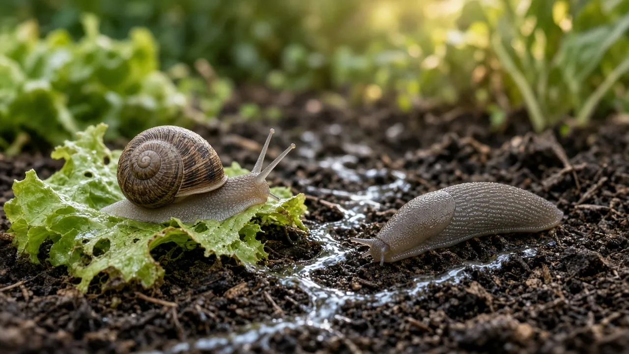 Brown-banded garden snail and gray slug on damp soil beside chewed lettuce leaves with silvery mucus trails