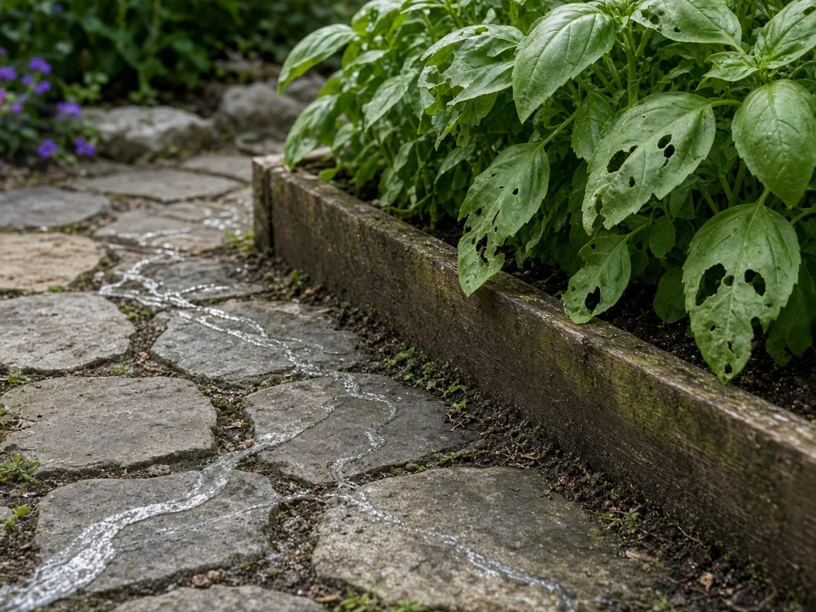 Silvery dried mucus slime trails on a garden path leading to chewed basil leaves in a raised bed