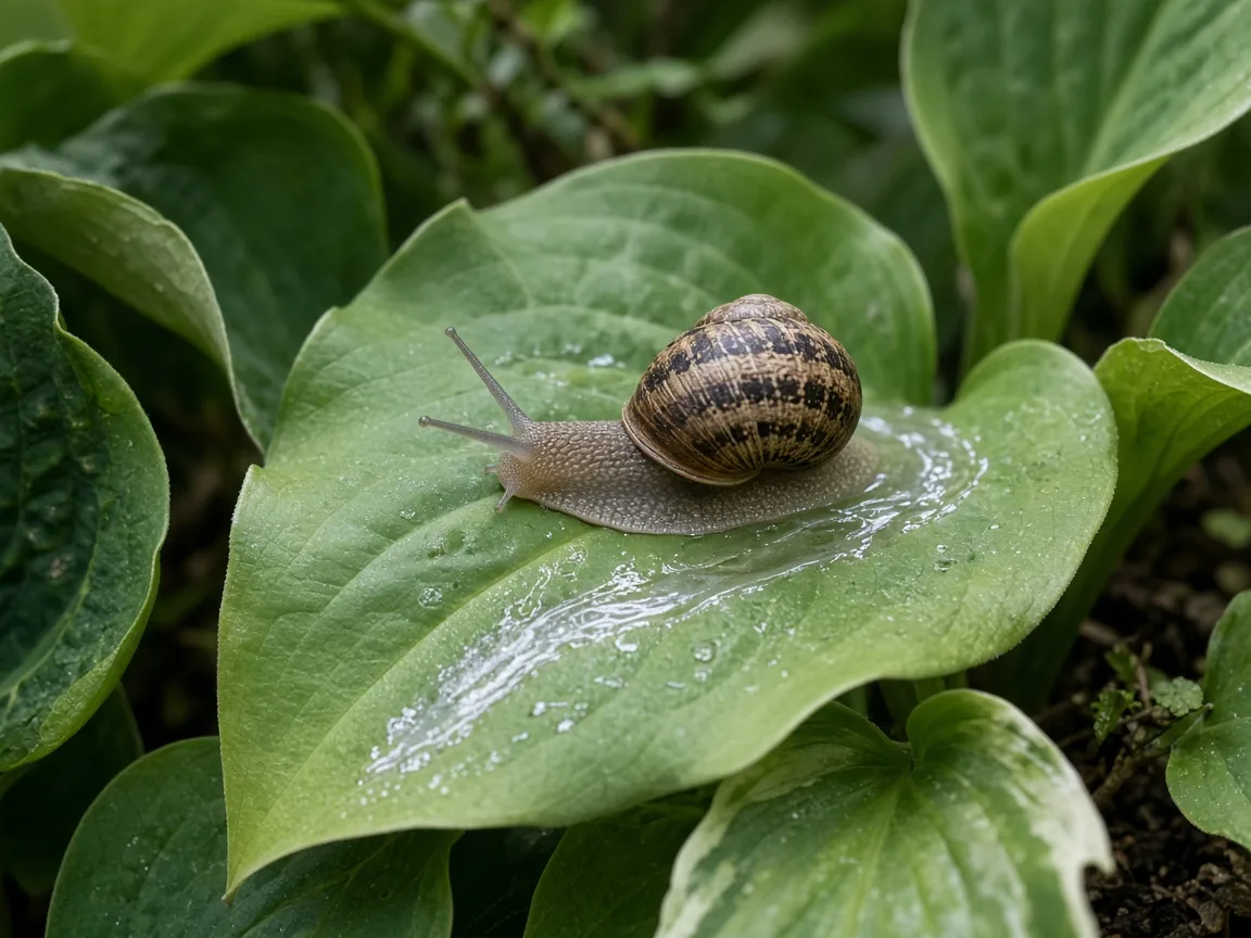 Brown garden snail with a banded spiral shell on a hosta leaf showing a silvery mucus trail