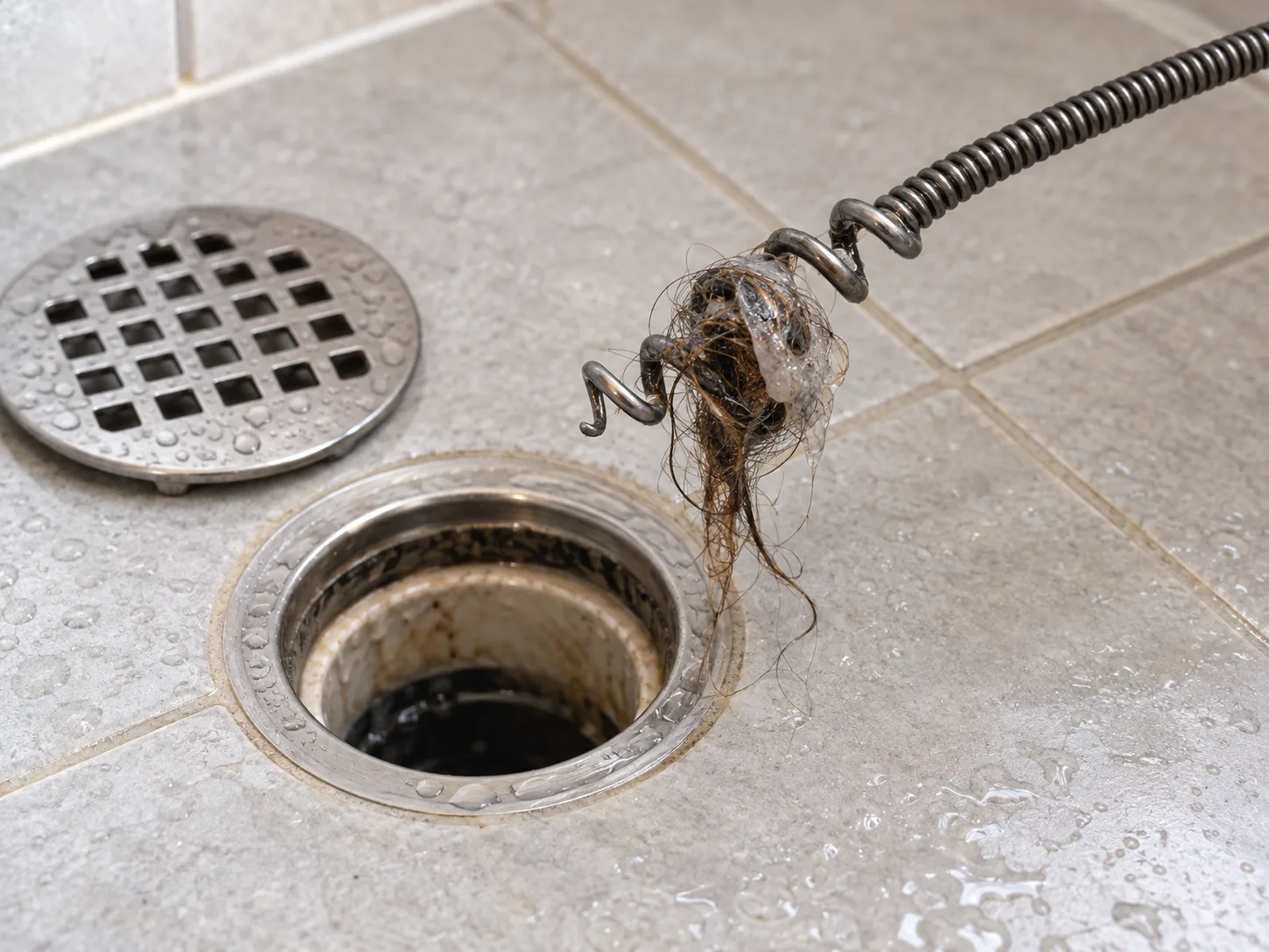 Hair and soft residue caught on the tip of a manual drain auger above a shower drain