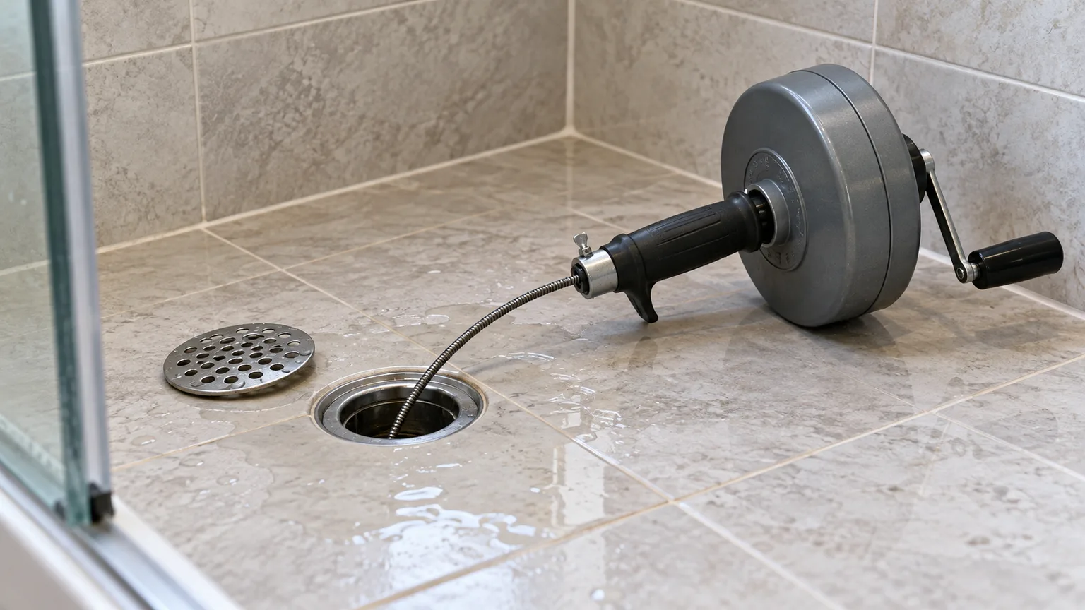 Manual drum auger feeding a cable into a shower drain