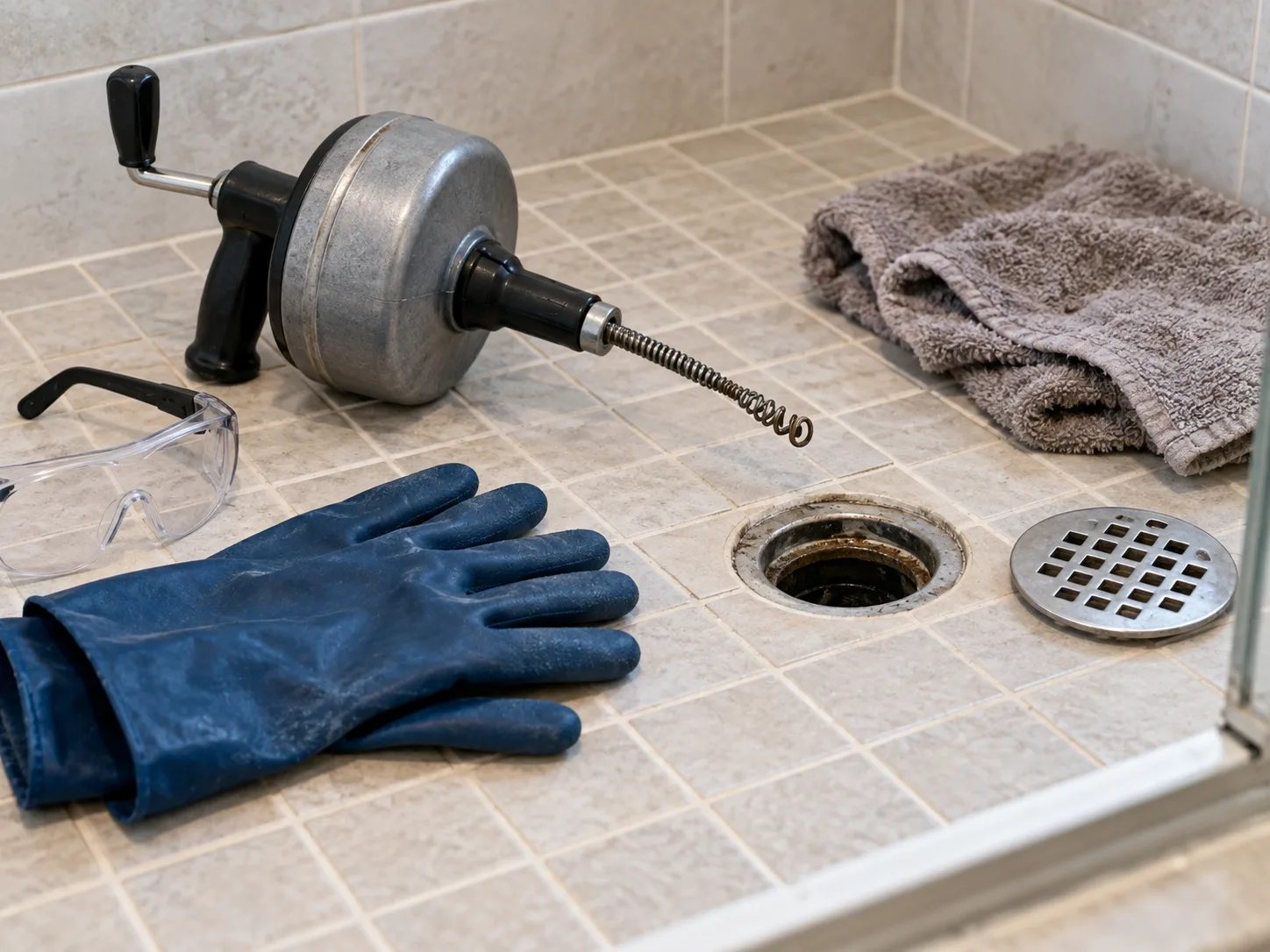 Manual drain auger, protective eyewear, and drain-cleaning gloves set beside an open shower drain