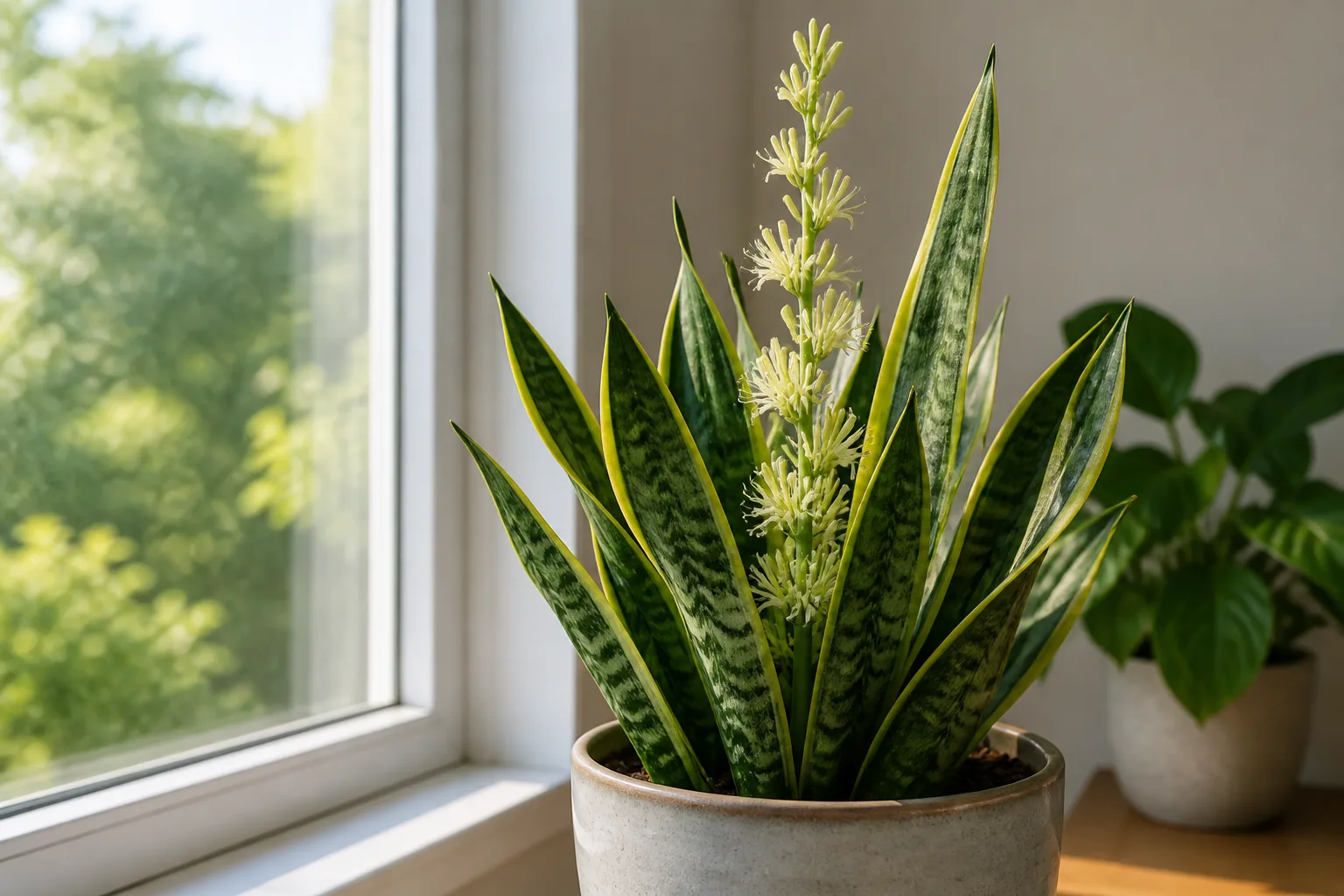 Hero illustrating how to get a snake plant to bloom indoors