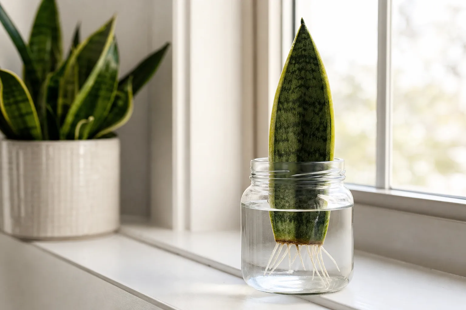 A leaf cutting rooted in a clear jar of water