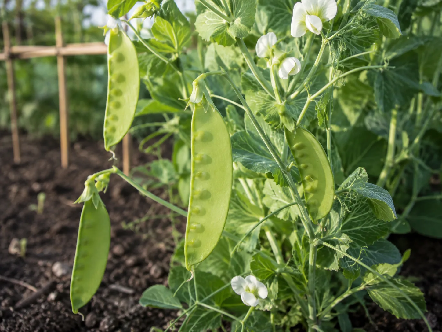 Flat snow pea pods with tiny seeds ready to harvest on a trellised vine